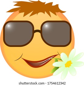 High quality emoticon in glasses and with a flower.Illustration of a cheerful yellow face with a flower and glasses.