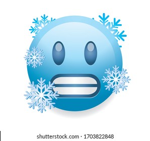 High quality emoticon isolated on white background. icy blue face with gritted teeth as if frozen from extreme cold with snow flakes.Popular chat elements. Trending emoticon.
Blue face cold smiley.