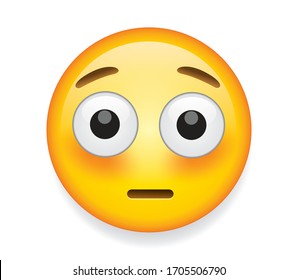 
High quality emoticon isolated on white background.Flushed face emoji with shocked eyes.
yellow face with raised eyebrows, small, closed mouth, wide white eyes staring ahead, and blushing cheeks.