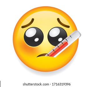 High quality emoticon isolated on white background. Sick Emoji Face with thermometer vector art. Chat Elements.