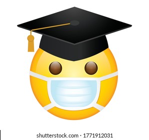 High quality emoticon isolated on white background.Smiley with medical mask.Graduation emoticon.Emoji with graduation hat.Mask emoticon.Medical mask emoji.Student emoji.