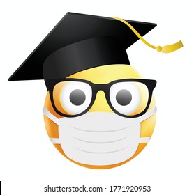 High quality emoticon isolated on white background.Smiley with medical mask.Graduation emoticon.Emoji with graduation hat.Mask emoticon.Medical mask emoji.Glasses emoji.Student emoji.