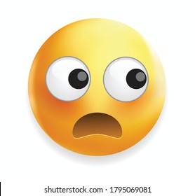 High quality emoticon isolated on white background. Shocked emoticon. Scared emoji face with raised eyebrows.Popular chat elements. Staring emoticon.