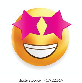 High quality emoticon isolated on white background.Star eyes emoji.
Yellow face with a broad, open smile, showing upper teeth.Popular chat elements.Star emoticon.Pink star.