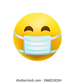 High quality emoticon with medical mask on white background. Mask emoji vector illustration. Trending Smiley COVID-19 Emoticon.  Popular chat elements. 