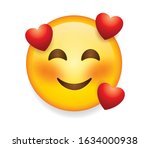 High quality emoticon on white background. Emoji blushing in love with red hearts. Yellow face emoji in love with closed eyes. Popular chat elements. Trending emoticon.