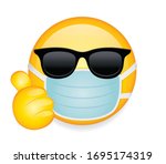 High quality emoticon on white background. Emoji with sunglasses,thumbs up and mask.
Yellow sick emoji wearing sunglasses and medical mask to protect from virus vector.Medical mask emoticon.