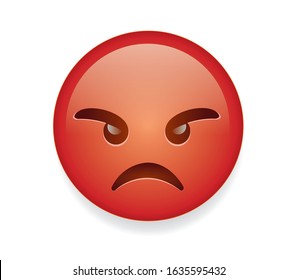 High quality emoticon on white background. Angry and grumpy emoji.
Red face emoji with angry eyes and mouth. Popular chat elements. Trending emoticon.