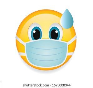 High quality emoticon on white background.Emoji with open eyes, sweat droplet and mask.
Face With Medical Mask emoji vector illustration. Mask emoji.Medical mask emoticon.