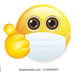 High quality emoticon on white background. Emoji with thumbs up and mask.
Yellow sick emoji  with medical mask to protect from germs, viruses, air pollution vector. Mask emoji. Medical mask emoticon.