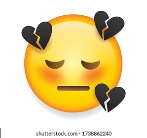 High Quality Emoticon On White Background. Emoticon With Broken Heart. Sad Emoji Isolated On White Background. Black Heart Emoticon. Broken Heart Emoji.