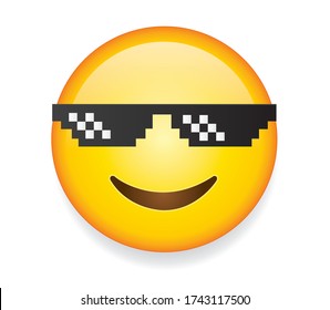 High quality emoticon on white background. Thug Life emoticon. Glasses emoji face, pixel art, design. Emoticon with sunglasses vector illustration. Thug life emoji.