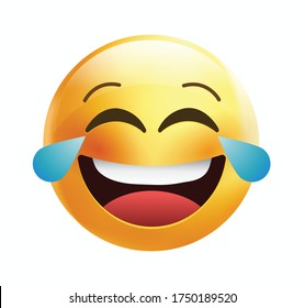 High quality emoticon on white background. Laughing emoji with tears and closed eyes.
Yellow face emoji laughing vector illustration. Popular chat elements. Lol emoticon.