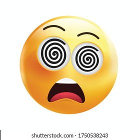 High quality emoticon on white background.Dizzy emoji.yellow face with X’s or spiral eyes and open mouth emoji vector illustration.Popular chat element.Dizzy emoticon.