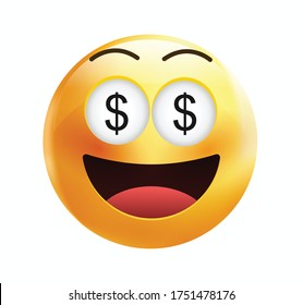 High quality emoticon on white background.Dollar sign emoji eyes.
Yellow face dollar emoji vector illustration.Money face.Dollar emoticon.Rich emoji.