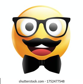 High quality emoticon on white background. Yellow face with mustaches and glasses.Father's day emoji.Mustache emoji.Mustache smiley.Emoticon wearing glasses and black bow tie.