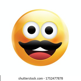 High quality emoticon on white background. Yellow face with mustaches.Father's day emoji.Mustache emoji vector.Hipster emoji.Mustache smiley.