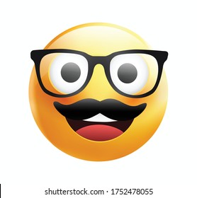 High quality emoticon on white background. Yellow face with mustaches and glasses.Father's day emoji.Mustache emoji vector.Hipster emoji.Mustache smiley.