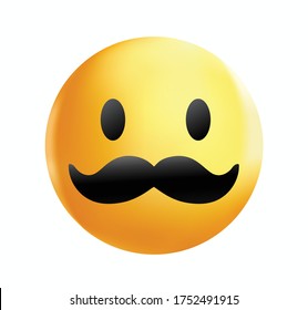 High quality emoticon on white background. Yellow face with mustache. Father's day emoji. Mustache emoji vector. Hipster emoji. Mustache smiley.