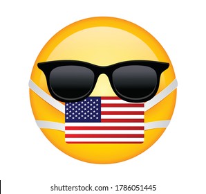 High quality emoticon on white background. Emoji with sunglasses and mask.Yellow sick emoji wearing sunglasses and medical mask.Medical mask emoticon.USA flag emoji.Flag mask.