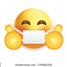 High quality emoticon on white background.Corona emoji.Face With Medical Mask  and thumbs up emoji vector illustration.Mask emoji.Medical mask emoticon.