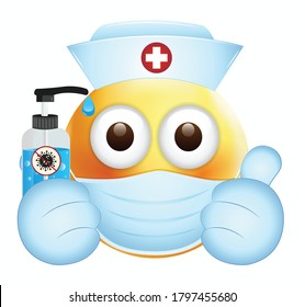 High Quality Emoticon On White Background.Emoji With Sanitizer.Face With Medical Mask And Hand Wash Emoji.Mask Emoji. Medical Mask Emoticon.Thumbs Up Emoji.Nurse Emoticon.