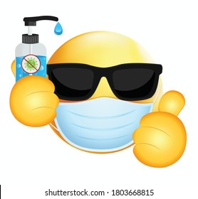 High quality emoticon on white background. Emoji with sunglasses,thumbs up and mask.
Yellow sick emoji wearing sunglasses and medical mask to protect from virus vector.Medical mask emoticon.