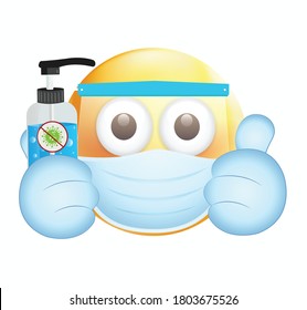 High Quality Emoticon On White Background.Emoji With Sanitizer.Face With Medical Mask And Hand Wash Emoji.Mask Emoji. Medical Mask Emoticon.Thumbs Up Emoji.