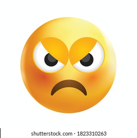 High quality emoticon on white background. Angry and grumpy emoji .Yellow face emoji with angry eyes and mouth. Popular chat elements. Trending emoticon.