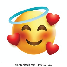 High quality emoticon on white background. Emoji blushing in love with red hearts and halo.
A yellow face emoji in love with closed eyes. Popular chat elements. Trending emoticon.