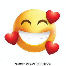 High quality emoticon on white background. Emoji blushing in love with red hearts. Yellow face emoji in love with closed eyes. Popular chat elements. Trending emoticon.