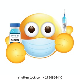 High quality emoticon on white background. Emoji with Vaccine and syringe. Face With Medical Mask and covid vaccine emoji. Mask emoji. Medical Mask emoticon. Coronavirus emoji.