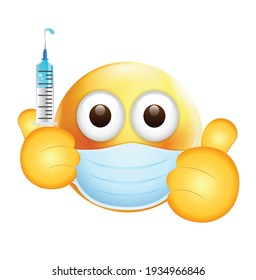 High quality emoticon on white background. Emoji with Vaccine syringe. Face With Medical Mask and covid vaccine emoji. Mask emoji. Medical Mask emoticon. Coronavirus emoji.