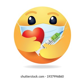 High quality emoticon on white background. Emoji with Vaccine syringe And Red Heart. Face With Medical Mask and covid vaccine emoji. Mask emoji. Medical Mask emoticon. Coronavirus Emoji.