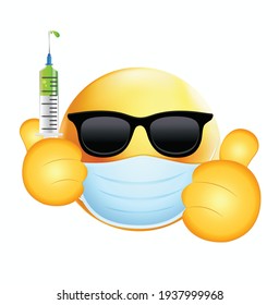 High quality emoticon on white background. Sunglass Emoji with Vaccine syringe. Face With Medical Mask and covid vaccine emoji. Mask emoji. Medical Mask emoticon. Sunglasses Emoji.