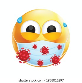 High quality emoticon on white background. emoji with wide eyes. Face With Medical Mask  and virus emoji. Yellow face emoji with bacteria vector illustration. Medical mask emoticon.