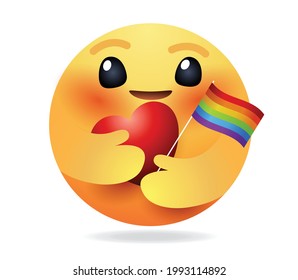 High Quality Emoticon On White Background. Emoji With Pride Flag Red Heart. Pride Emoji. Rainbow Emoticon.