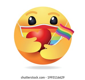High quality emoticon on white background. Emoji with Pride flag Red Heart. Pride emoji. Mask emoticon. Rainbow emoticon.