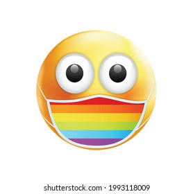 High quality emoticon on white background. Pride emoji. Mask emoticon. Rainbow emoticon.