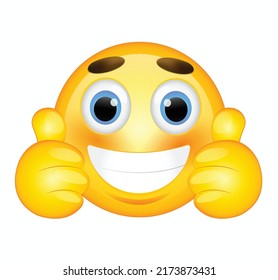 High quality emoticon on white background. Emoji with thumbs up. Yellow happy face emoji