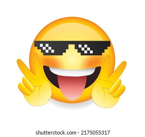 High quality emoticon on white background. Thug Life emoticon. Glasses emoji face, pixel art, design. Emoticon with sunglasses vector illustration. Thug life emoji.