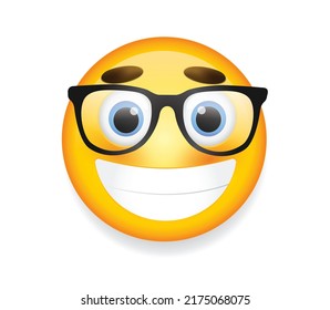 High quality emoticon on white background. Yellow face with spectacles on white background. Cute smiling emoticon wearing eyeglasses, emoji, smiley vector illustration.