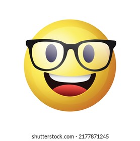 High quality emoticon on white background. Yellow face with spectacles on white background. Cute smiling emoticon wearing eyeglasses, emoji, smiley vector illustration.