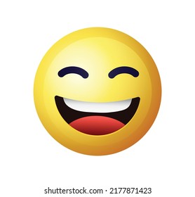 High quality emoticon on white background. Laughing emoji with closed eyes. Yellow face emoji laughing vector illustration. Popular chat elements. Lol emoticon.