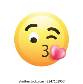 High quality emoticon on white background vector illustration. Emoji with flying kiss heart  and winking eye face. A yellow face emoji kiss.