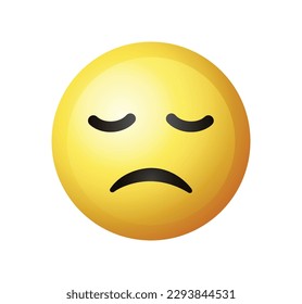 High quality emoticon on white background. Pensive, remorseful face ,saddened by life. Yellow face Sad emoji. Unhappy emoticon.