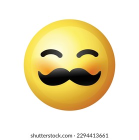 High quality emoticon on white background. Yellow face with mustaches. Mustache emoji vector.