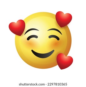 High quality emoticon on white background. Emoji blushing in love with red hearts. Yellow face emoji in love. Popular chat elements. Love emoticon.