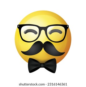 High quality emoticon on white background. Yellow face with mustache. Mustache emoji vector. Hipster emoji. Mustache smiley.