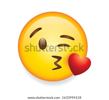 High quality emoticon on white background vector illustration. Emoji with flying kiss red heart  and winking eye face. A yellow face emoji kiss. Popular chat elements. Trending emoticon.